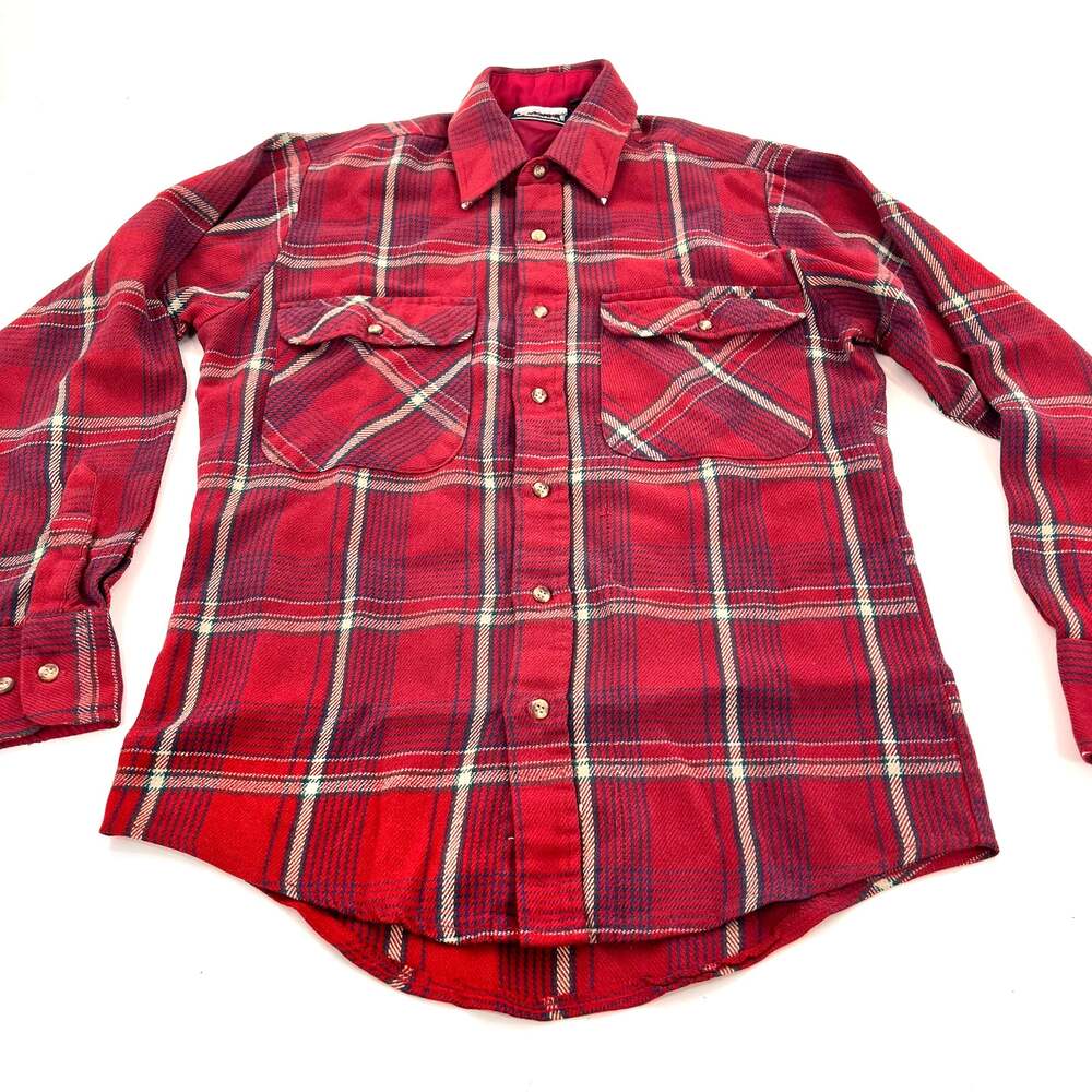 Men's Vintage plaid flannel button down long sleeve shirt red blue Small